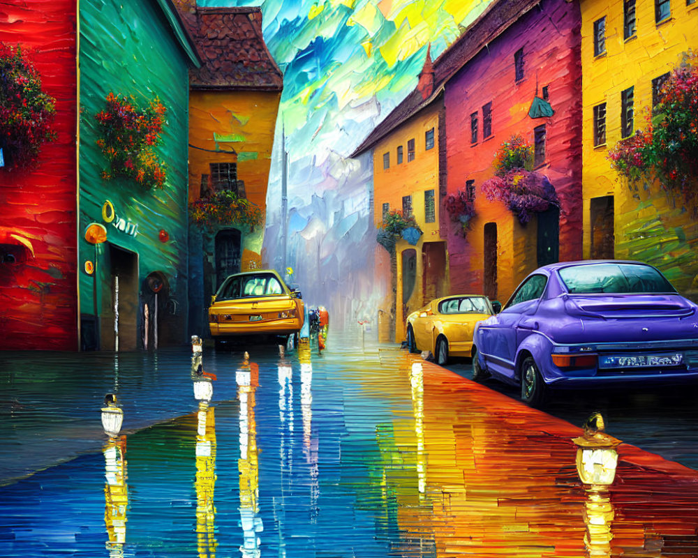 Vibrant painting of rain-soaked street with bright buildings and reflecting cars.