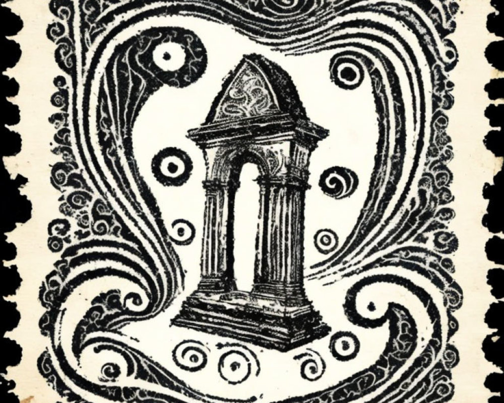 Detailed ink drawing of architectural pillar with classic pediment and Yin and Yang swirls on textured background