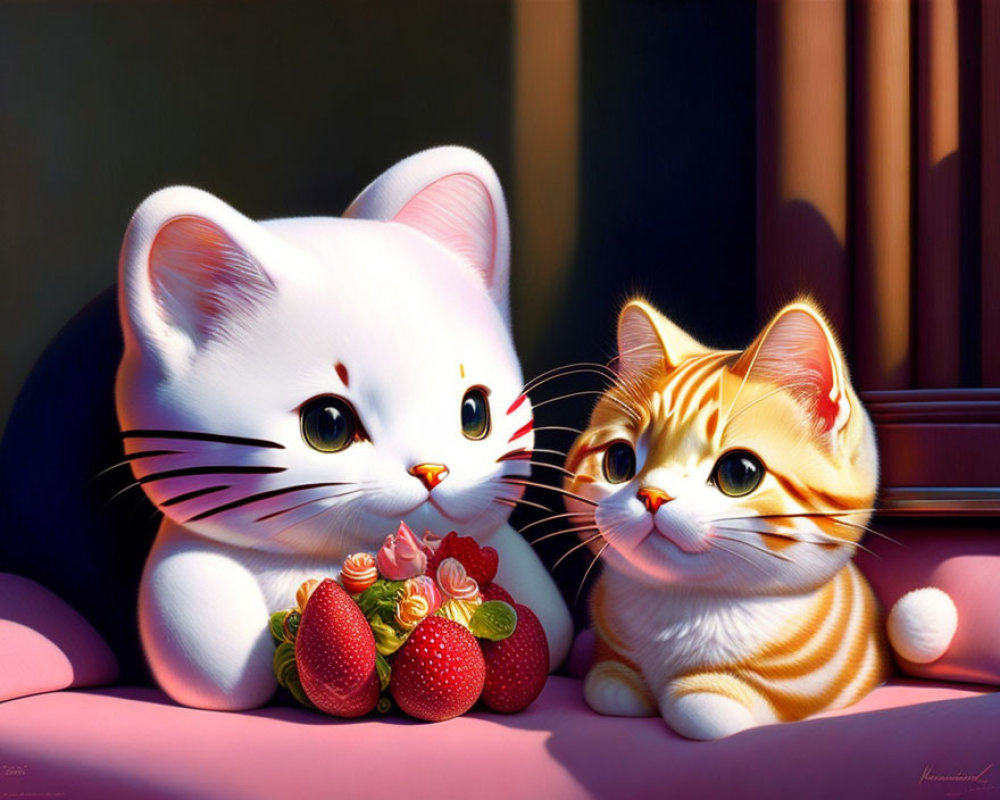 Two animated cats with strawberries in sunlight