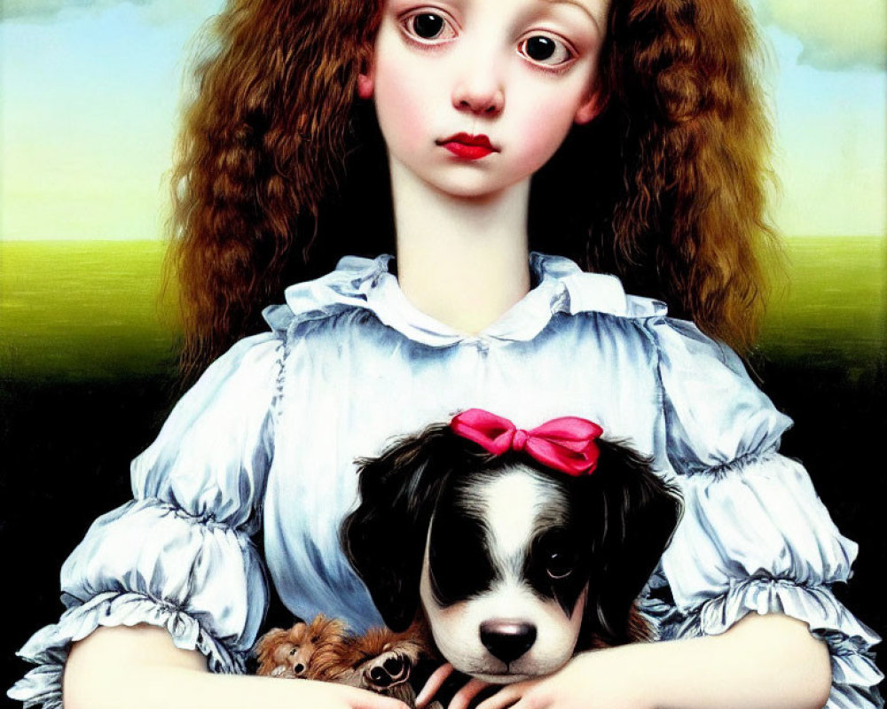 Girl with large eyes and curly hair holding black and white puppy with red bow outdoors