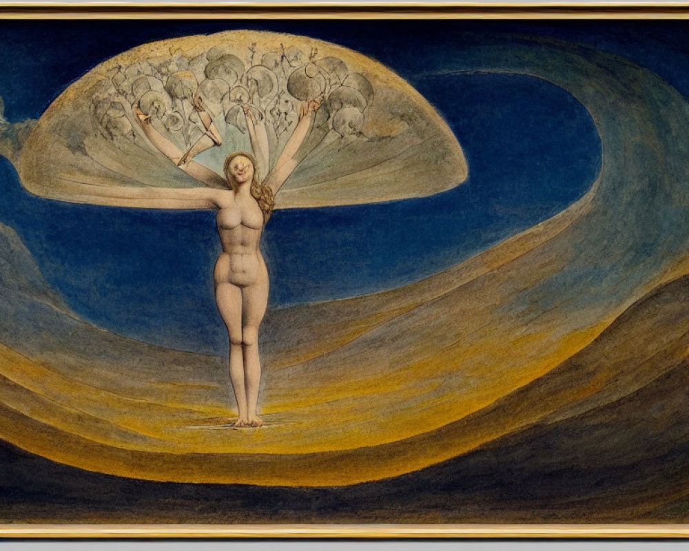 Nude figure with compass and swirling backdrop, multiple faces above.