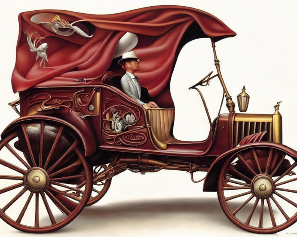 Stylized painting of person in top hat driving vintage car