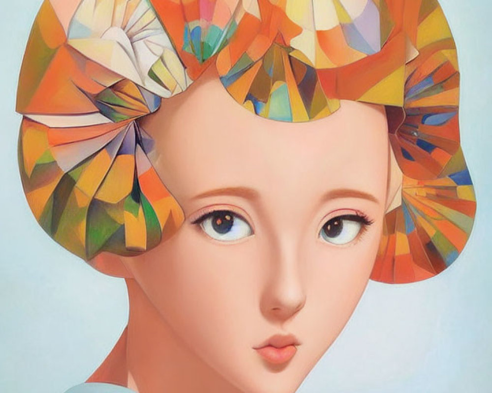 Colorful Geometric Headpiece on Fair-Skinned Figure in Modern Surreal Painting