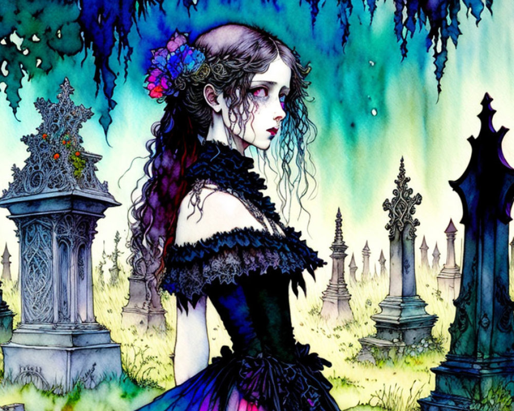 Illustration of gothic woman with black hair and dark dress in cemetery setting