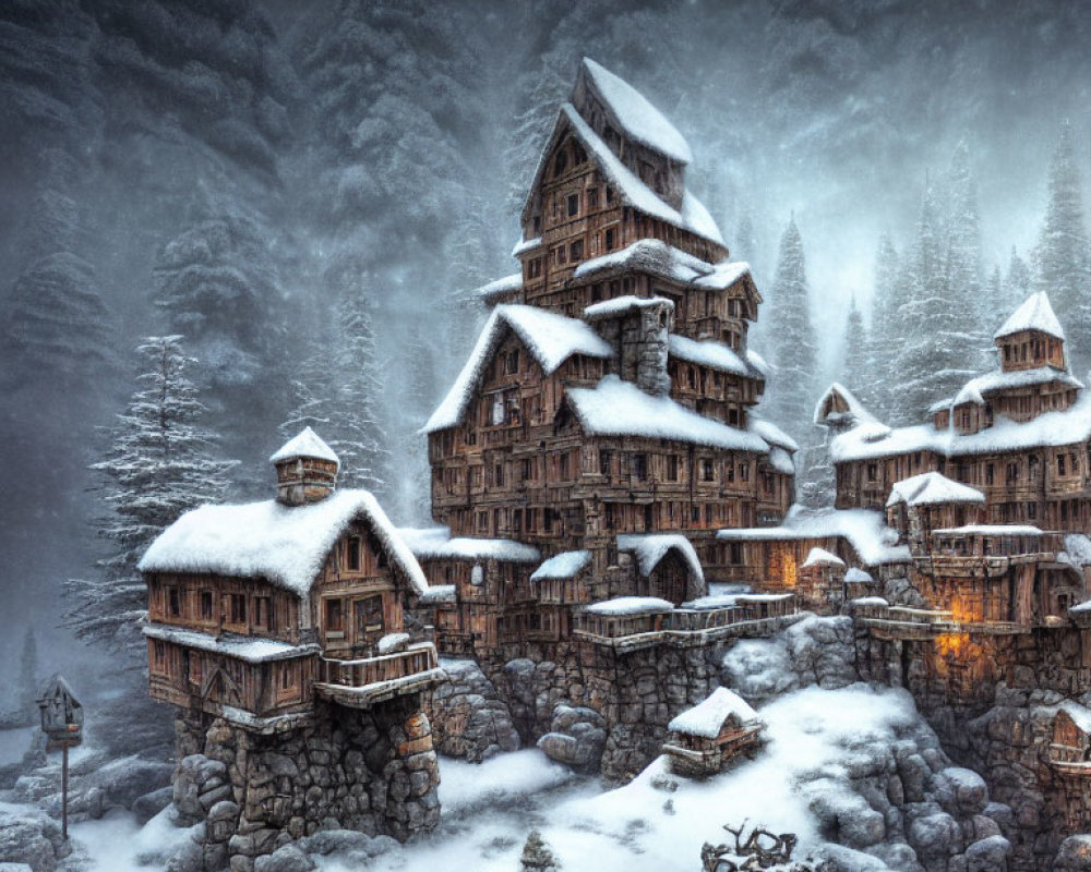 Winter scene: Snow-covered mountain lodges in heavy snowfall with glowing lights and wintry landscape.