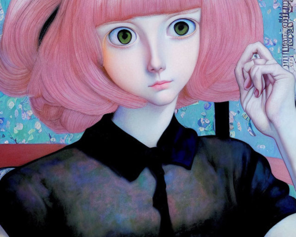 Digital illustration: Girl with pink hair and green eyes on blue floral backdrop wearing dark shirt