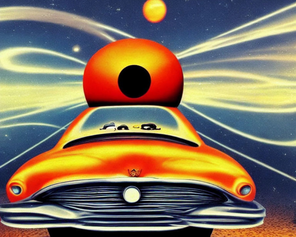 Surreal painting of stylized orange car in cosmic setting