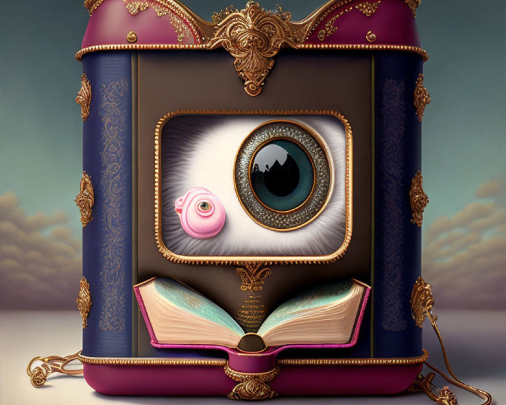 Surreal purple and gold container with eye, rose, book, and baroque details