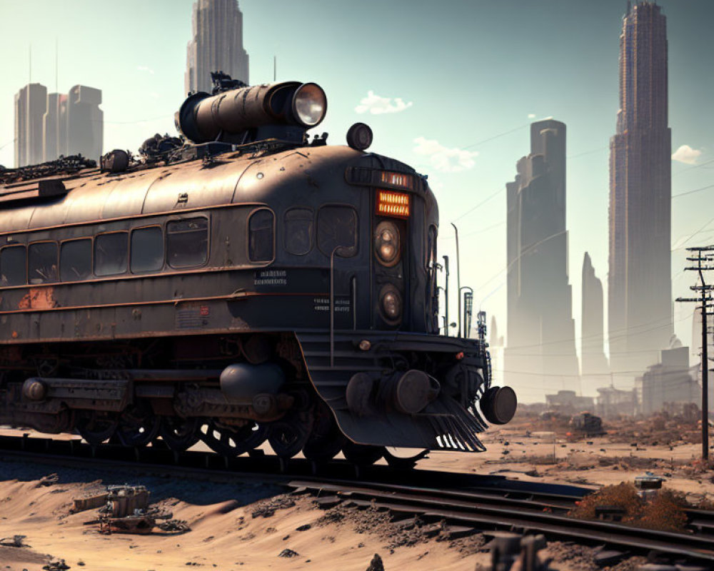 Vintage Train in Desert with Futuristic Skyscrapers and Clear Sky