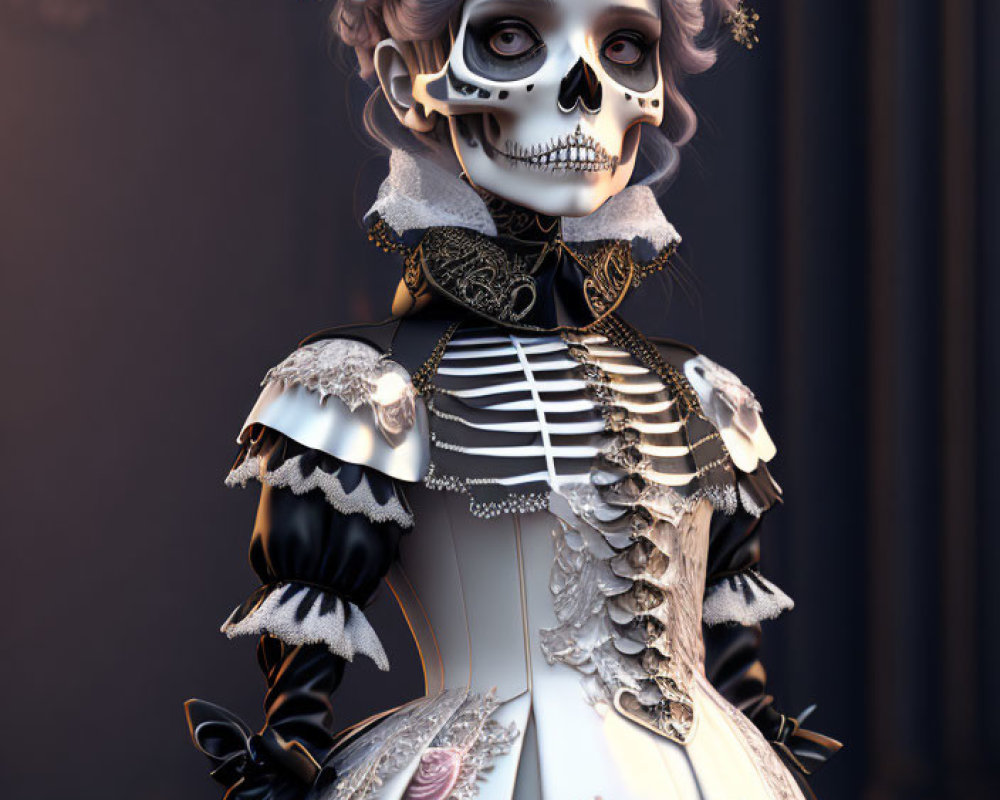 Skeleton-faced figure in vintage dress with roses and bone accents