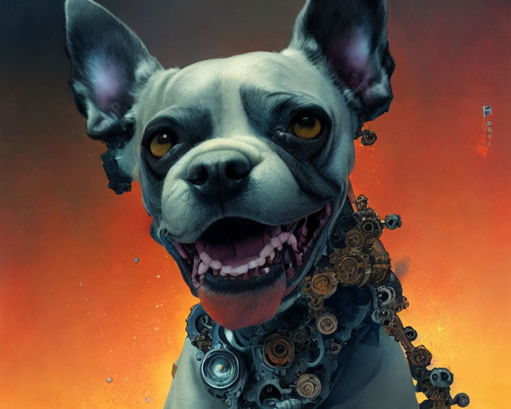 Mechanical-organic hybrid dog with large ears on cog-laden neck in warm-toned background.