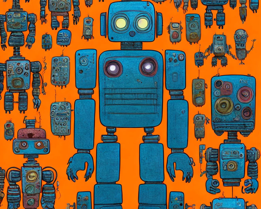 Vintage Robots Pattern on Orange Background