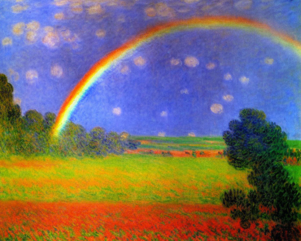 Vibrant Impressionist Landscape with Rainbow, Poppy Field, Trees, and Sky