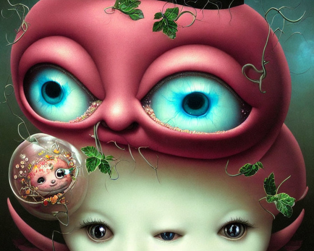 Surreal Image: Oversized Blue Eyes, Small Faces, Plant-Like Embellishments