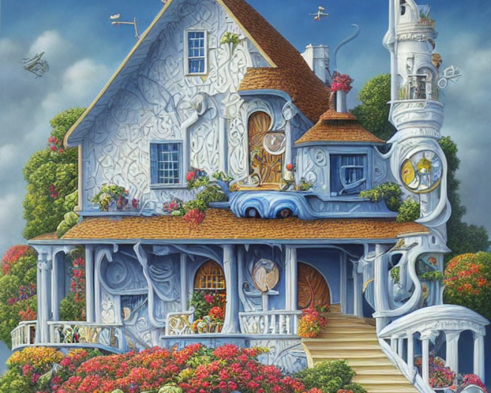 Intricate Whimsical House with Organic Shapes and Foliage