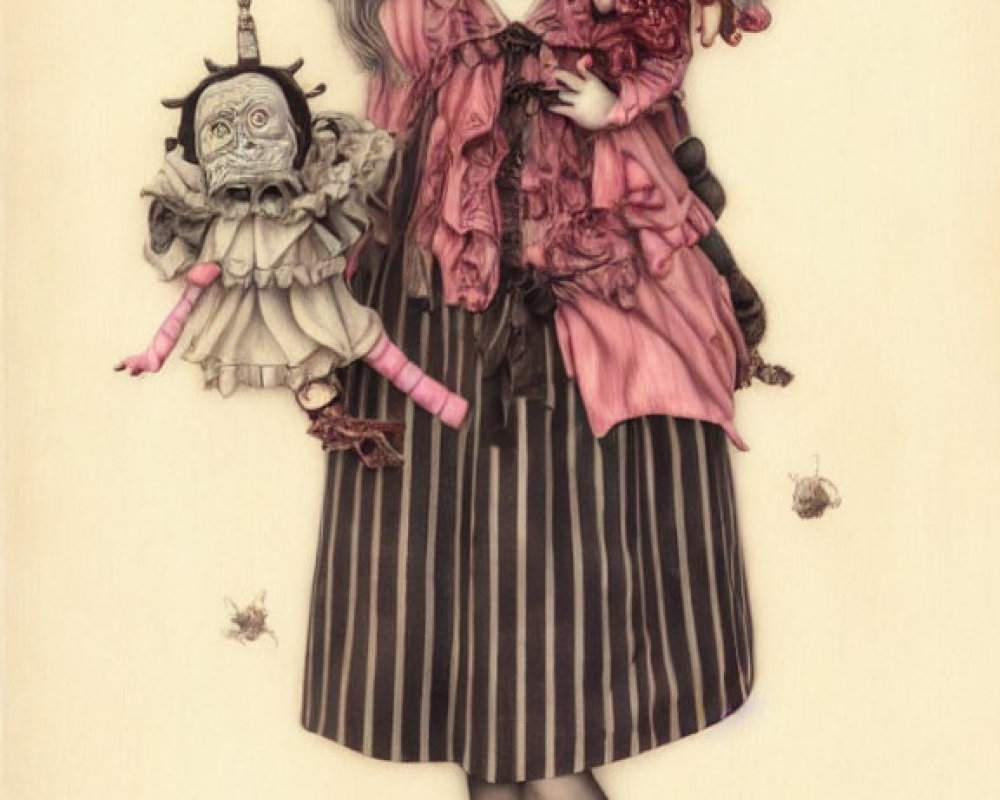 Gothic-themed girl with doll and tin toy on cream background