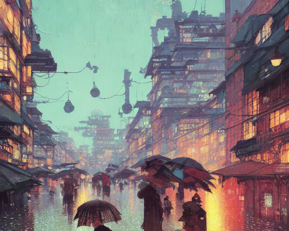 Futuristic cityscape with rain-drenched street scene