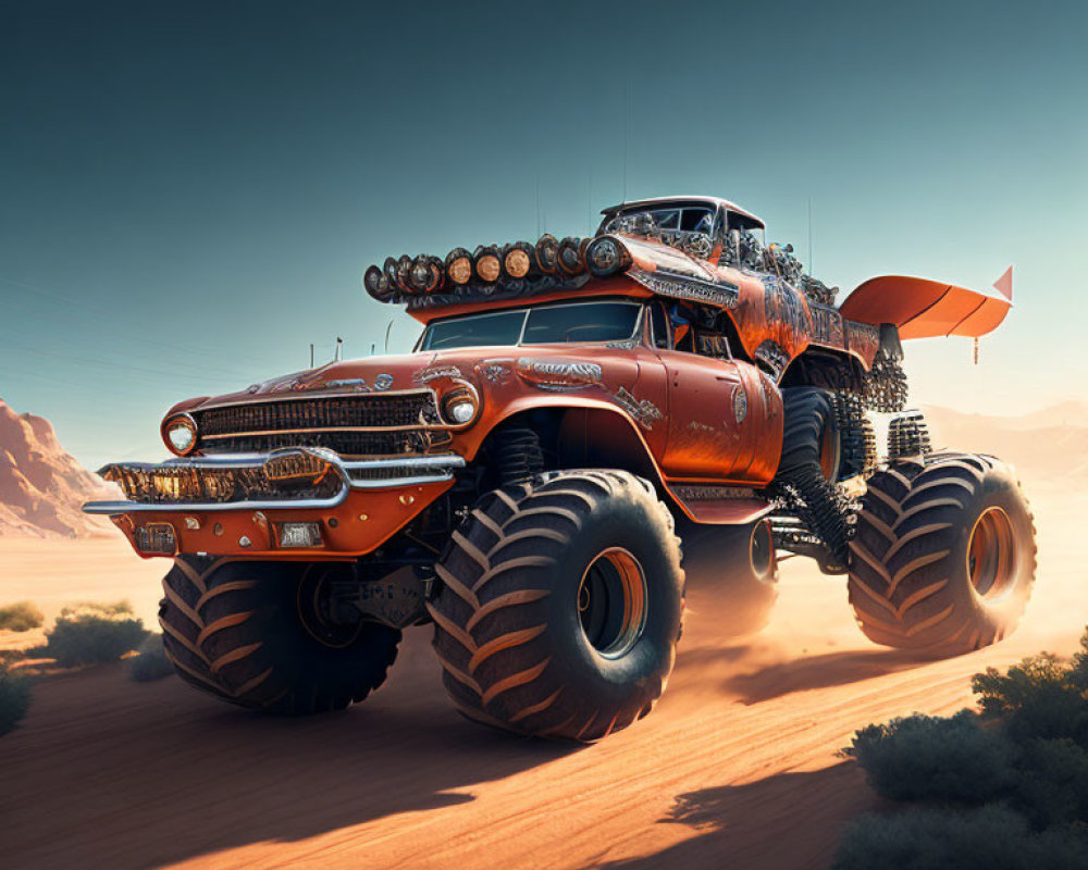 Vintage orange truck with oversized wheels and roof-mounted lights in desert setting