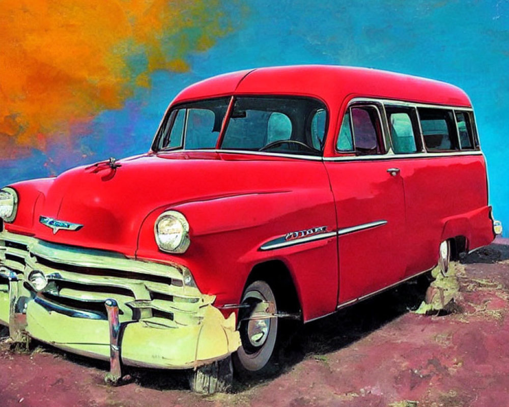 Colorful Digital Artwork: Red Chevrolet Station Wagon on Abstract Background