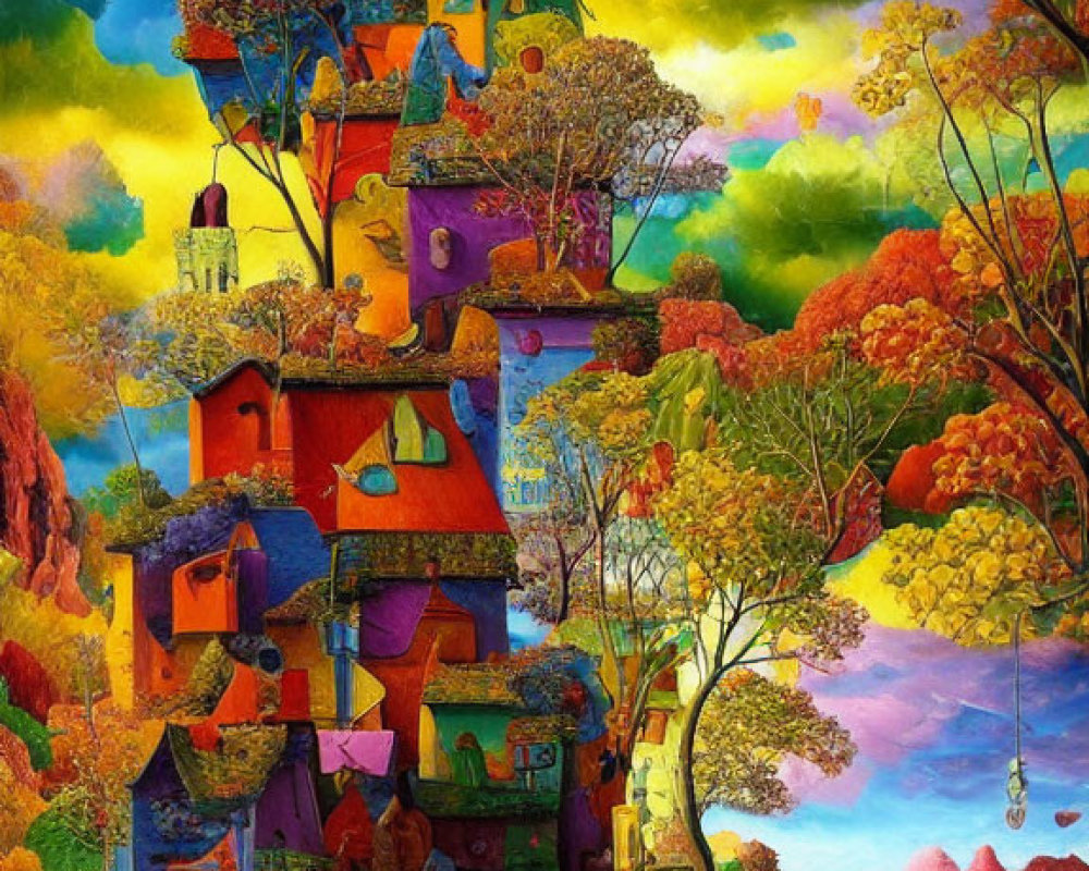 Colorful Treehouse Painting Surrounded by Autumn Trees and River