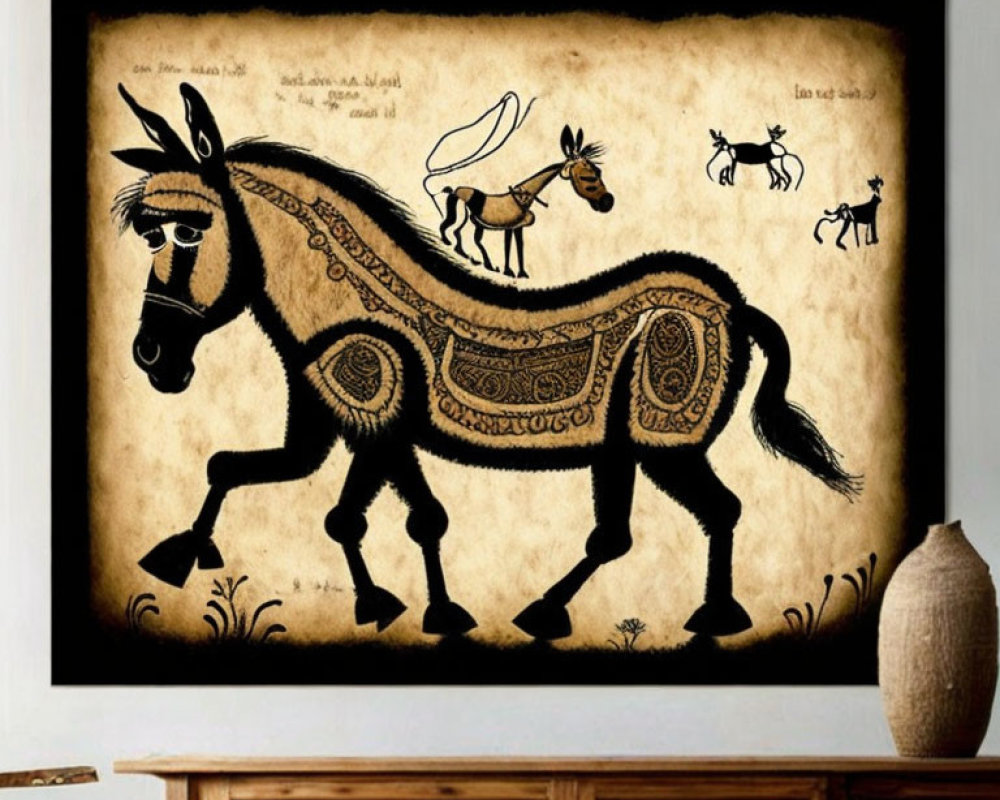 Stylized painting of a patterned donkey on aged parchment with ancient art vibes