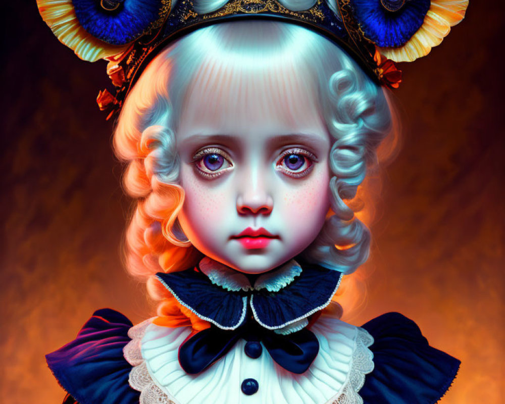 Surreal portrait of doll-like character with large eyes and Victorian attire