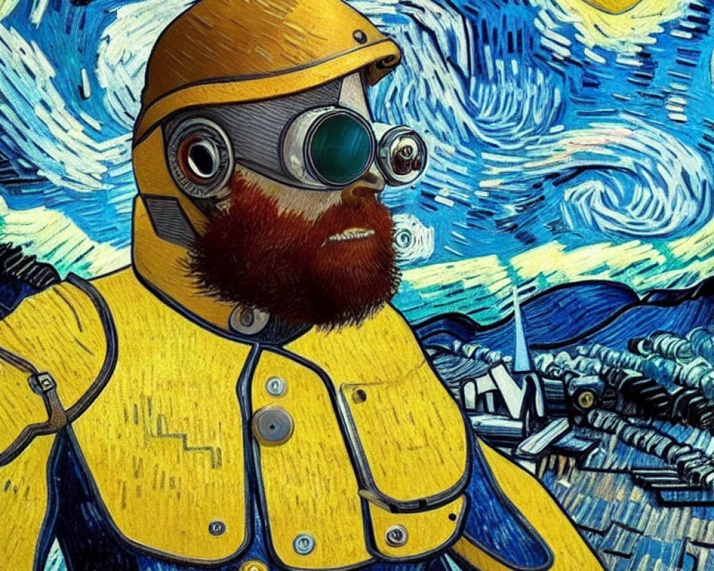 Bearded Figure in Yellow Suit with Helmet and Goggles on Starry Night Background