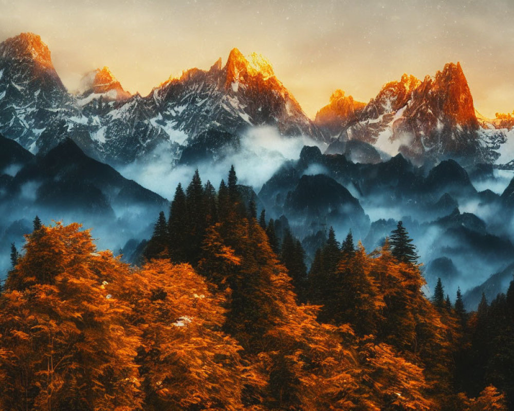 Majestic mountain peaks above clouds at sunset with autumn forest.