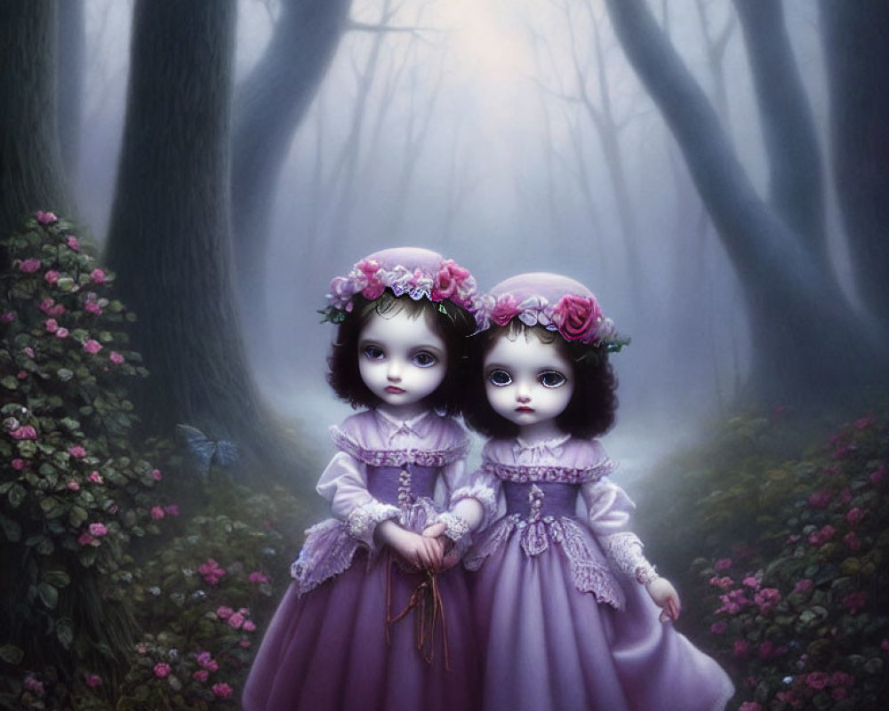 Two dolls in purple dresses with floral crowns in misty forest landscape at twilight