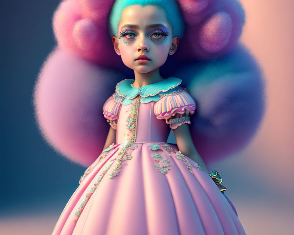 Digital artwork: Girl with oversized pink cloud hair in fancy pastel dress