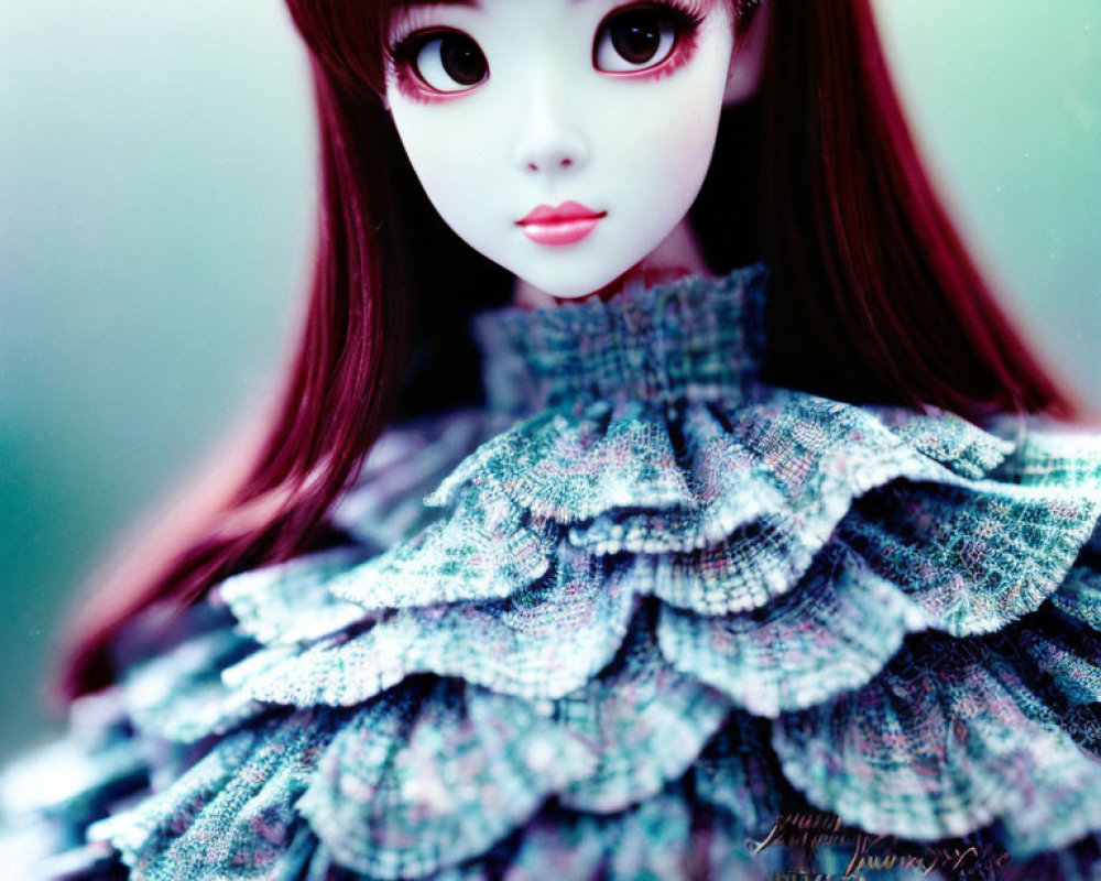 Detailed image: Red-haired doll with large eyes in ruffled tartan dress on blurred green backdrop