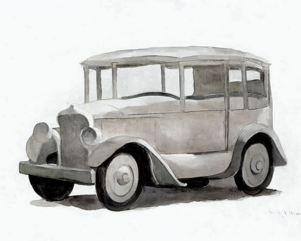 Vintage car illustration: monochrome side profile view with rounded hood and large fenders