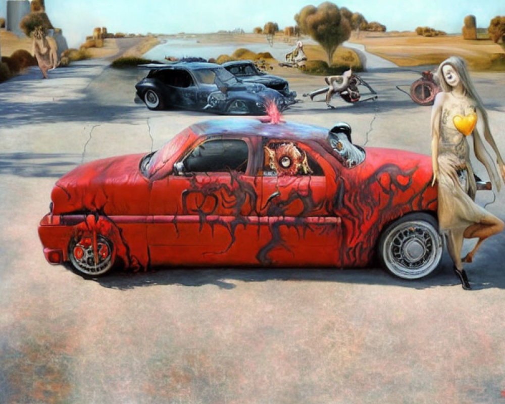 Surrealist painting of red damaged car, woman, and scattered objects