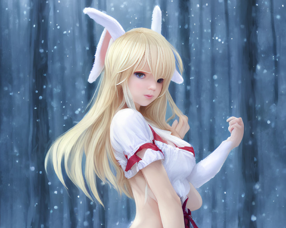 Blonde Anime Character with Rabbit Ears in Snowy Forest