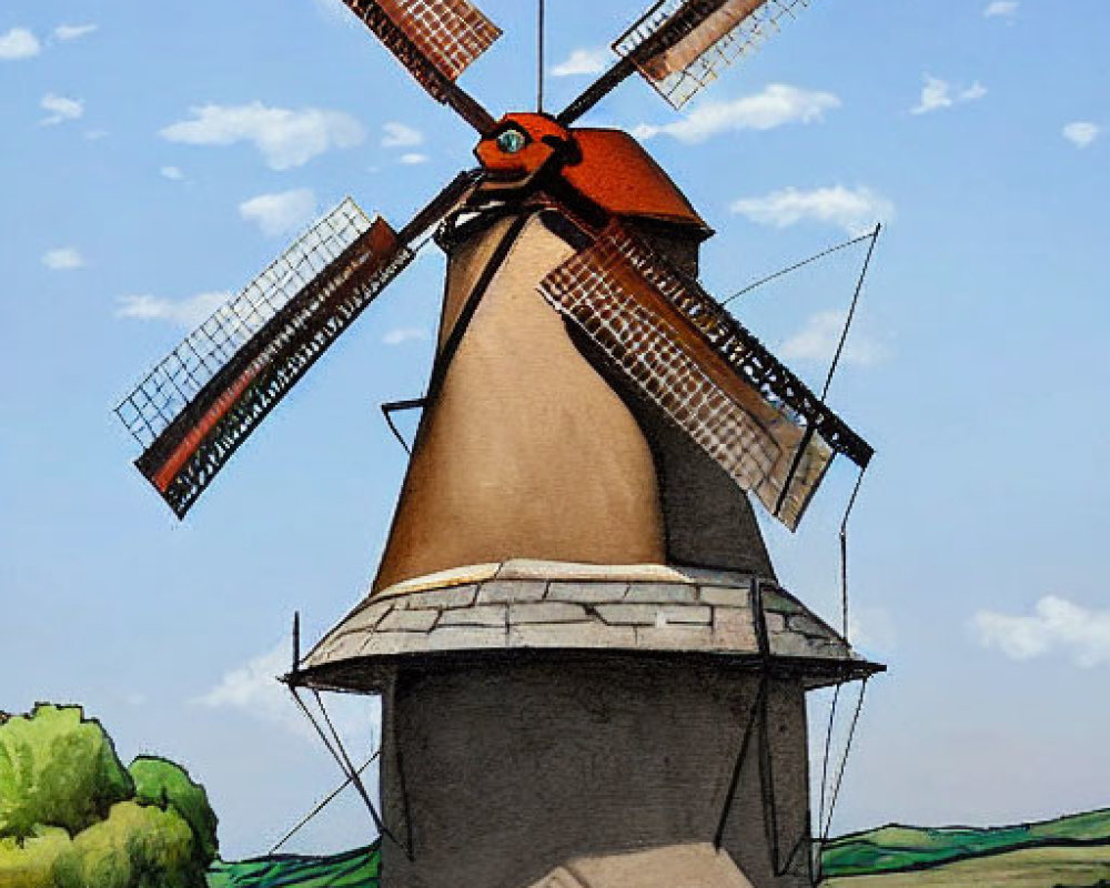 Traditional Windmill in Green Landscape with Pink Flowers under Blue Sky