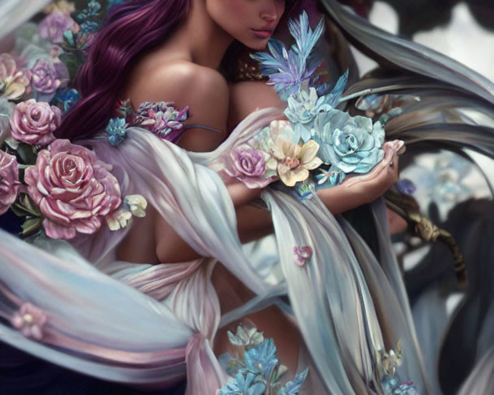 Purple-haired woman with floral crown and bouquet, surrounded by intricate florals and fantastical creature