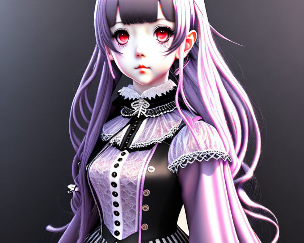 Stylized digital artwork of girl with red eyes and lilac hair