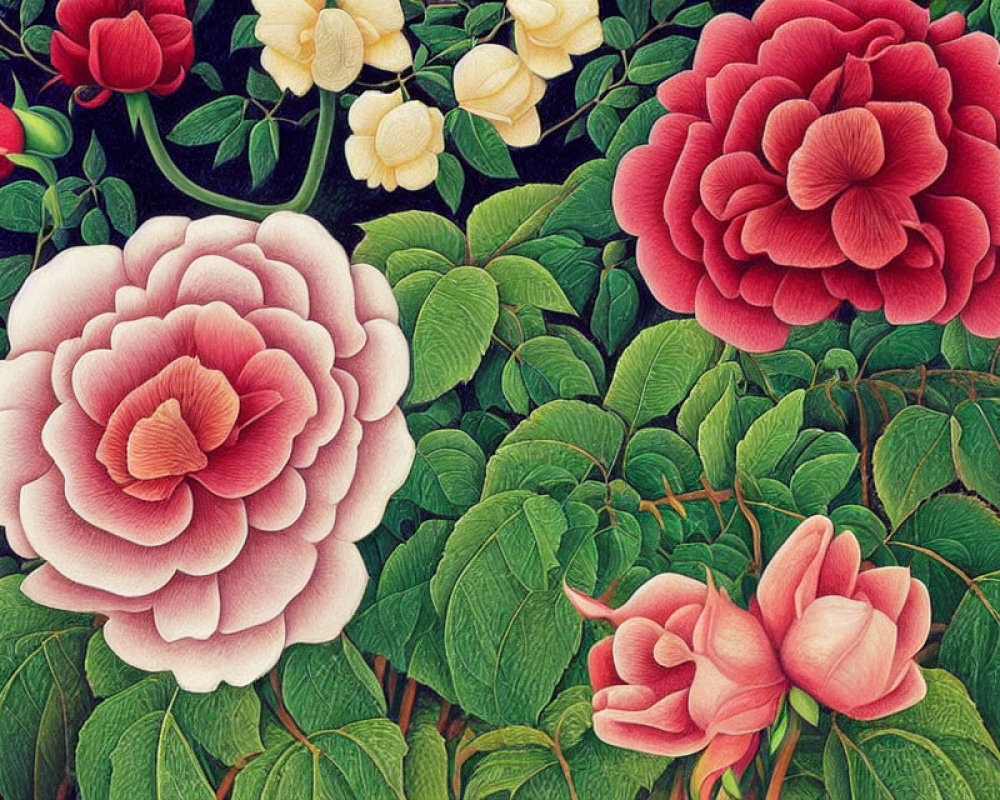 Detailed Illustration of Red and Pink Roses with Green Foliage