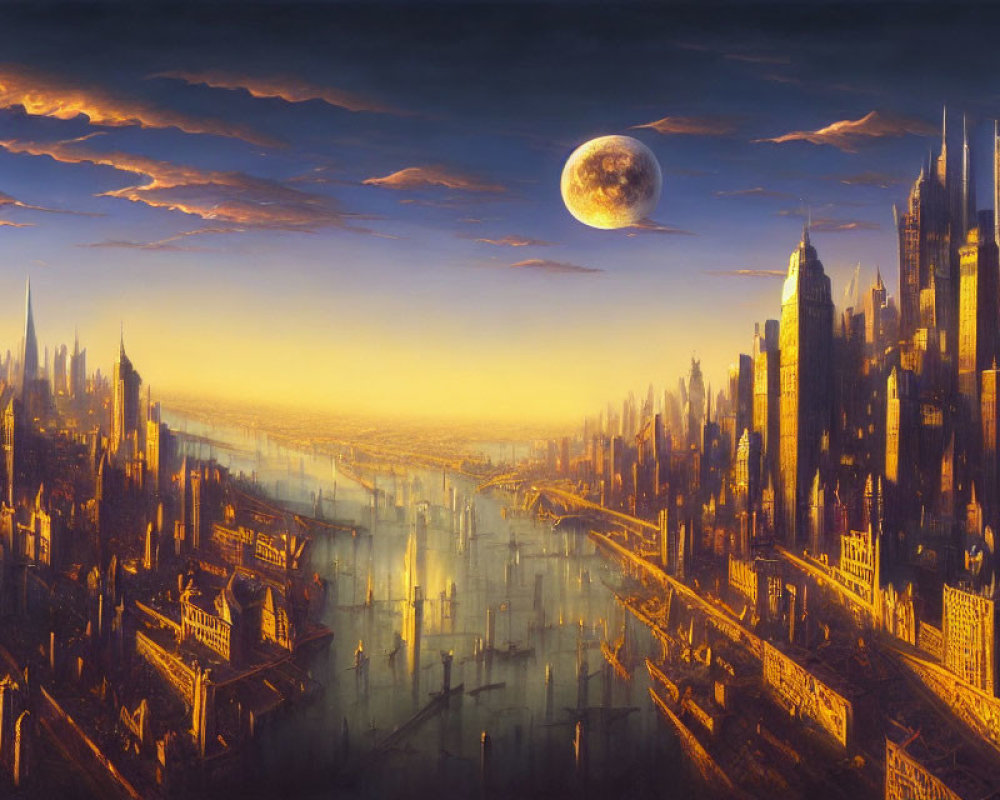 Futuristic twilight cityscape with skyscrapers, moon, and urban haze