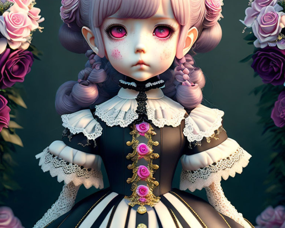 Victorian-style doll 3D illustration with red eyes and rose dress in rose backdrop