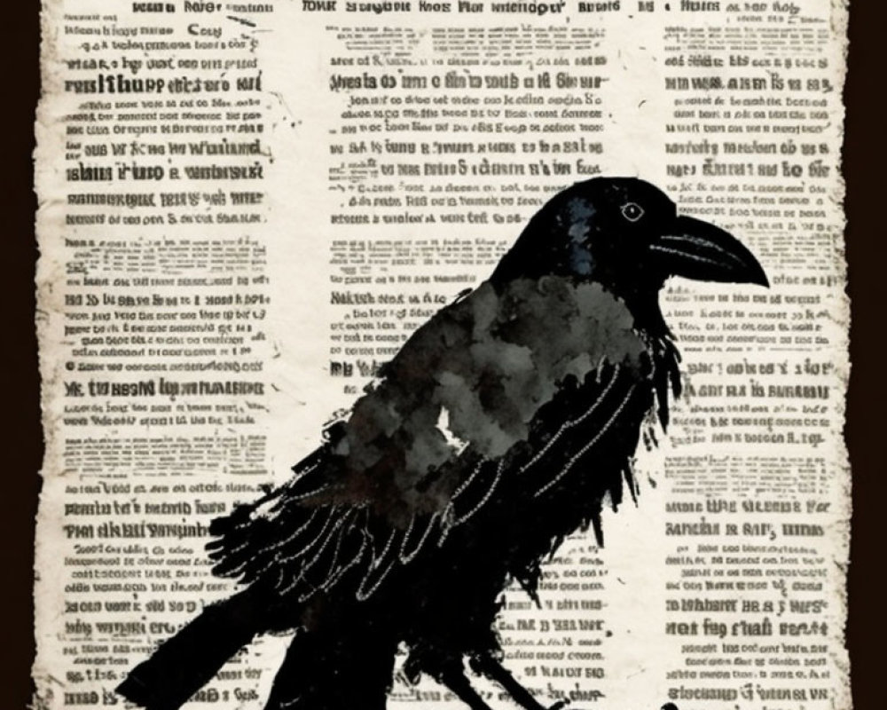 Silhouetted raven on aged newspaper with ink blots