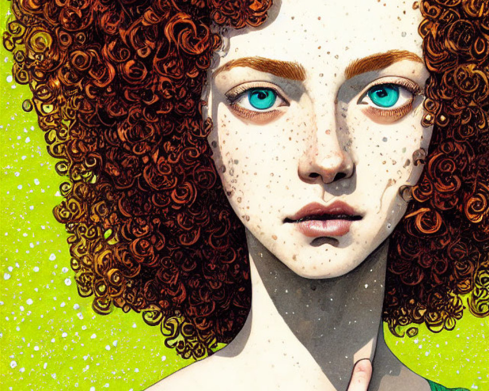 Person with Curly Red Hair, Blue Eyes, Freckles in Green Garment on Yellow Background