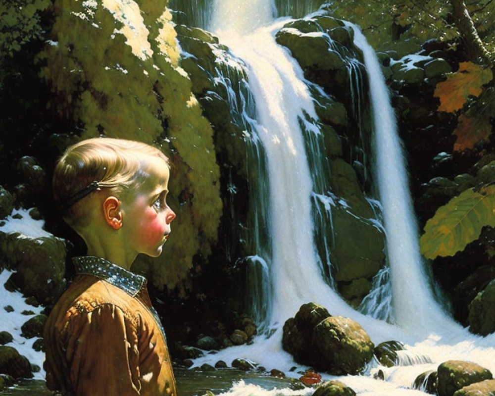 Profile portrait of young boy admiring serene waterfall in lush autumn scenery