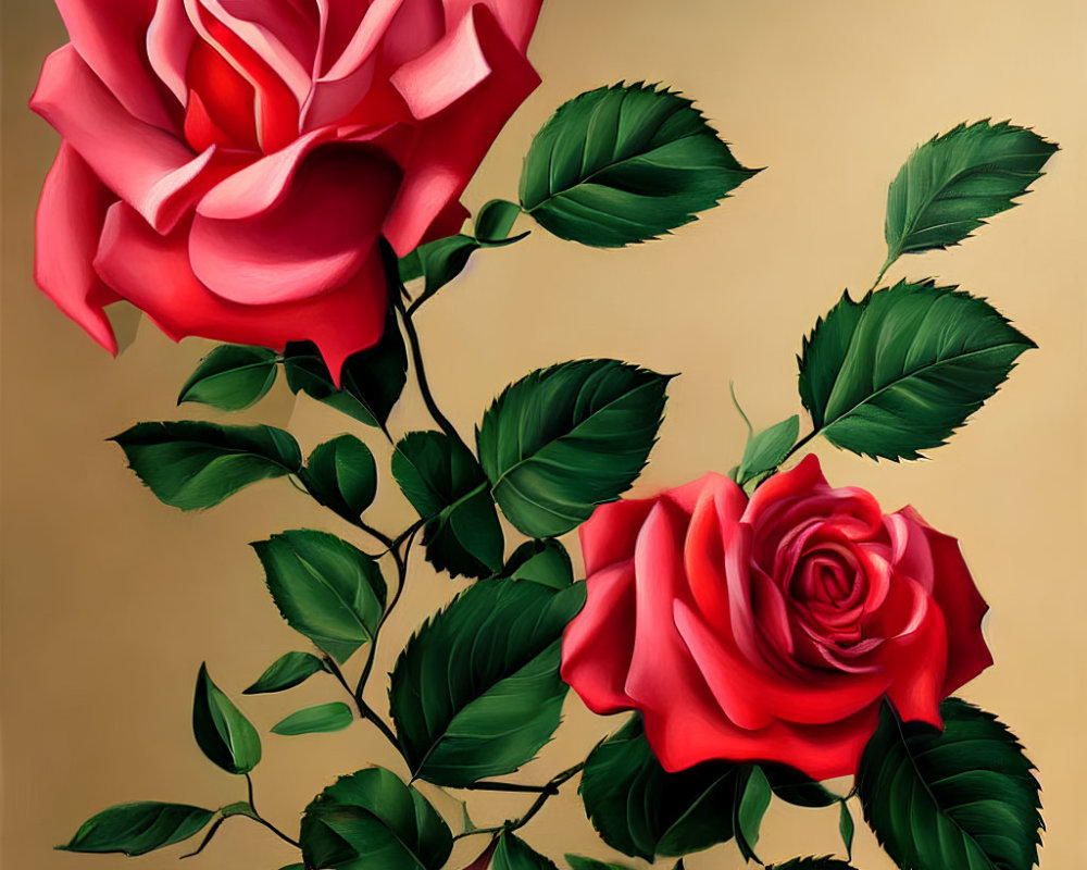 Realistic Painting of Vibrant Red Roses on Beige Background