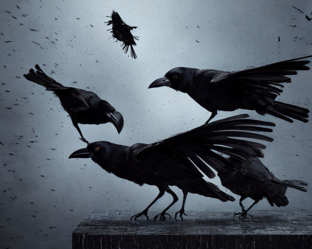 Three dynamic crows on dark background with falling feathers