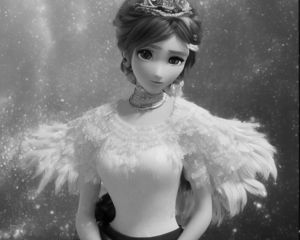 Monochrome image of elegant doll with tiara, intricate dress, and feathery wings on sparkling