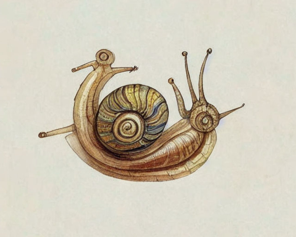 Detailed Snail Illustration with Patterned Shell and Extended Antennae on Pale Background