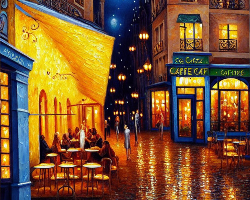 Vibrant evening street scene with outdoor dining and starry sky