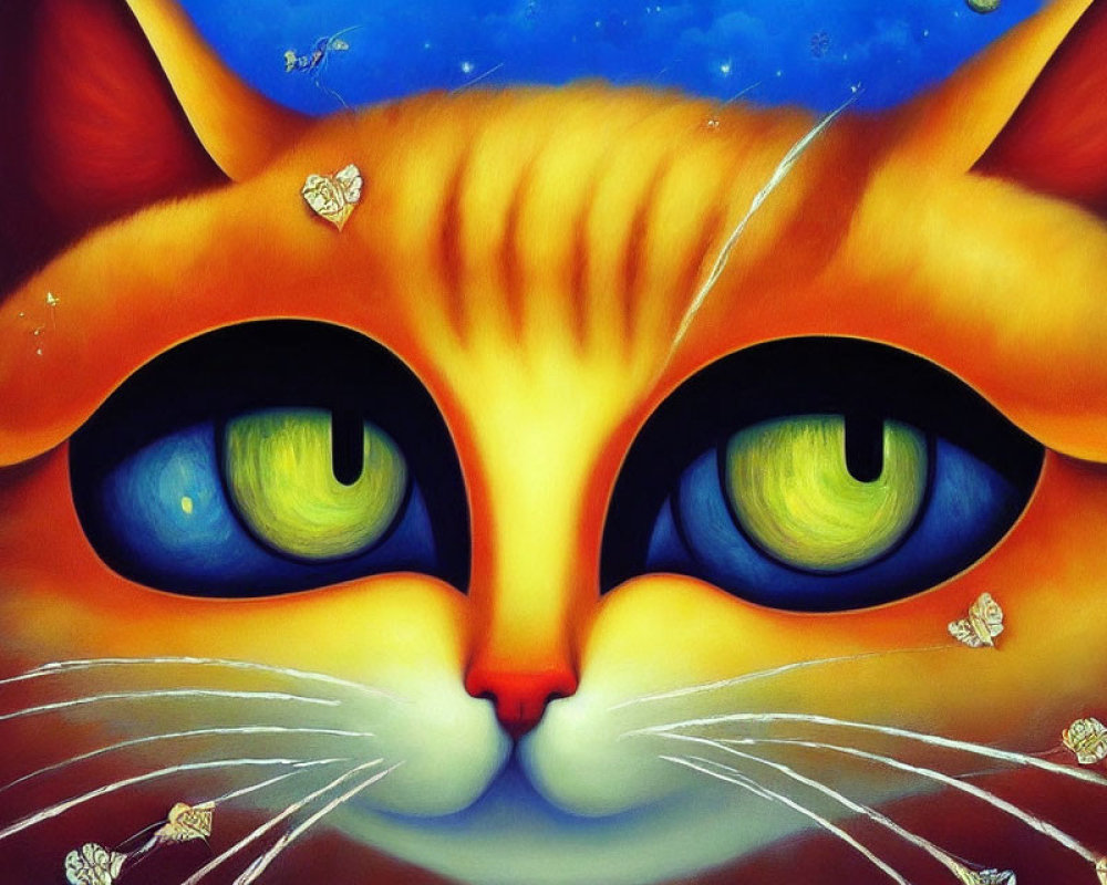 Whimsical orange cat with green eyes and butterfly motifs