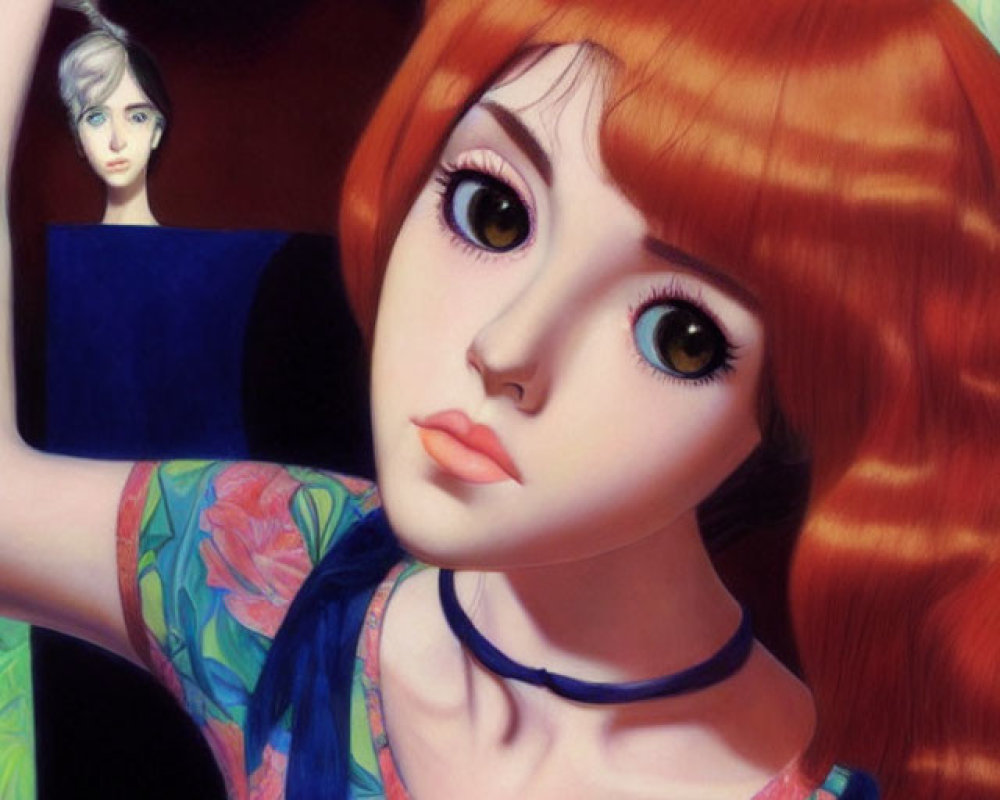 Stylized painting of woman with large eyes and red-orange hair in floral outfit